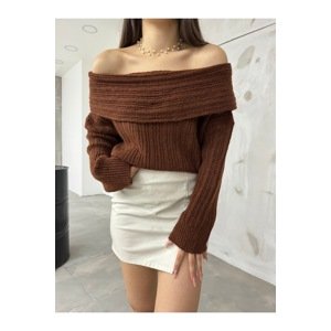 BİKELİFE Women's Madonna Collar Open Shoulders Knitwear Sweater