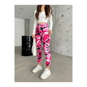 BİKELİFE Pink Camouflage Pattern Cargo Pocket Gabardine Trousers.