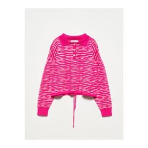 Dilvin 10318 Polo Collar Buttoned Sweater-fuchsia-n.