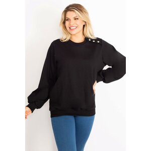 Şans Women's Plus Size Black Sweatshirt with Stone Detail on the Shoulder and Rayon
