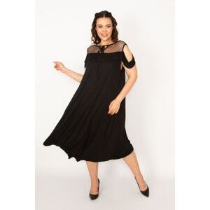 Şans Women's Plus Size Black Robe Lace Detailed Decollete Shoulder Dress