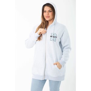 Şans Women's Plus Size Blue Inner Raising Front Zipper And Hooded Sweatshirt