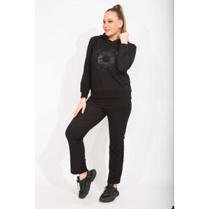 Şans Women's Plus Size Black Stone Detail Hooded Sweatshirt Trousers Double Suit