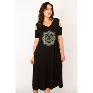 Şans Women's Plus Size Black Shoulder Open Back Detailed Stone Embroidered Viscose Dress