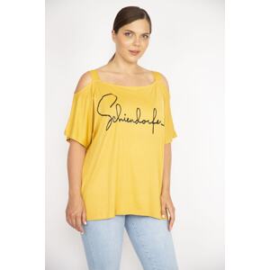 Şans Women's Plus Size Mustard Straps Off-the-Shoulder Decollete Lacquer Printed Blouse