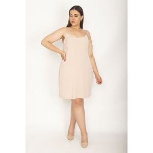 Şans Women's Plus Size Beige Underskirt Dress with Adjustable Straps