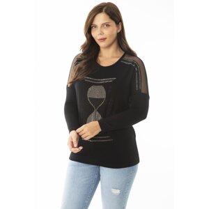 Şans Women's Plus Size Black Bat Sleeve Blouse With Tulle And Stone Detail On The Shoulders