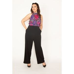 Şans Women's Plus Size Black Barter Neck Blouse Part Patterned Pocket Jumpsuit