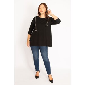 Şans Women's Plus Size Black Ornamental Zippered Sweatshirt