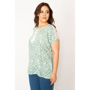 Şans Women's Plus Size Green Blouse with Lace Shoulder Lace-Up Woven Collar Lace-up