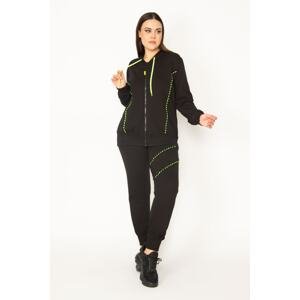 Şans Women's Large Size Green Zipper And Hood Detailed Sweatshirt Trousers Tracksuit Set