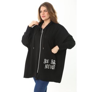 Şans Women's Plus Size Black Zippered Front Lacquer Printed Hooded Casual Cut Sweatshirt