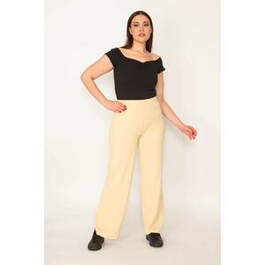 Şans Women's Plus Size Yellow Striped Elastic Waist Trousers