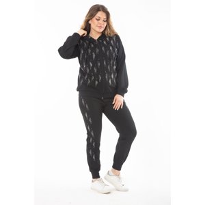 Şans Women's Plus Size Black Stone Detailed Front Zipper Hooded Sweatshirt Trousers Double Suit