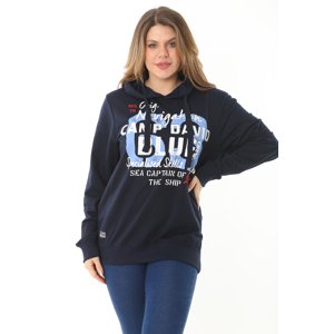 Şans Women's Large Size Navy Blue Two Thread Front Printed Hooded Sweatshirt