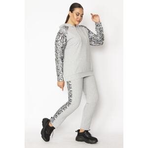Şans Women's Plus Size Gray Hooded Sweatshirt and Pants with Garnish Detail