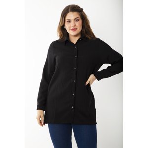 Şans Women's Large Size Black Self-Striped Metal Buttoned Long Sleeve Shirt
