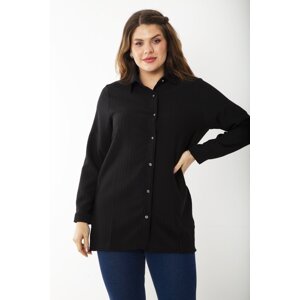 Şans Women's Plus Size Black Self Striped Long Sleeve Shirt with Metal Button