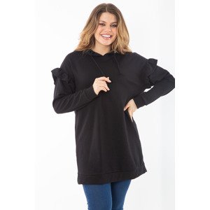 Şans Women's Plus Size Black Inner Raising Three Thread Sleeve Detailed Hooded Sweatshirt