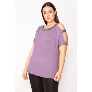 Şans Women's Plus Size Purple One Shoulder And Collar Silvery Detailed Blouse