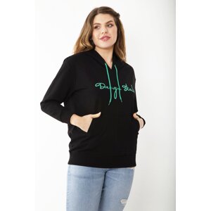 Şans Women's Plus Size Black Hooded Sweatshirt with Kangaroo Pocket