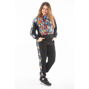 Şans Women's Plus Size Black Digital Printed Hooded Sweatshirt Trousers Double Suit