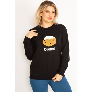 Şans Women's Plus Size Black Front Printed Sweatshirt