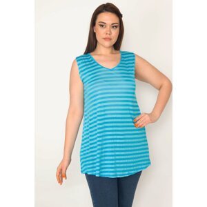 Şans Women's Plus Size Turquoise Thin Flush Viscose Fabric Striped Blouse