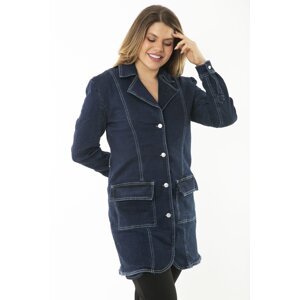 Şans Women's Plus Size Navy Blue Lycra Jeans Coat With Buttons And Pockets