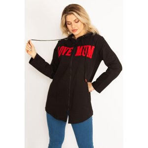 Şans Women's Plus Size Black Hooded Front Zipper And Print Detailed Sweatshirt