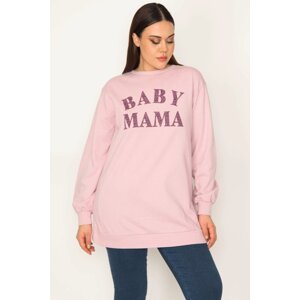 Şans Women's Large Size Pink Front Printed Sweatshirt