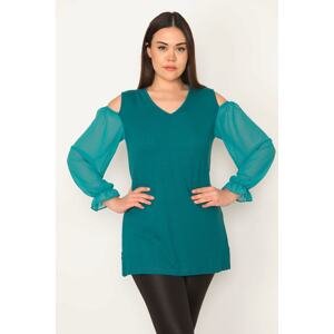 Şans Women's Plus Size Green Shoulder Decollete Sleeve Chiffon Detail Blouse