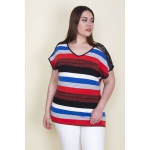 Şans Women's Plus Size Colored Shoulders Lace Detail V-Neck Striped Blouse