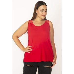 Şans Women's Plus Size Red Blouse With Lace Shoulders And A yoke at the back