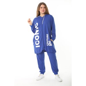 Şans Women's Plus Size Saxe Blue Print And Zipper Detail Hooded Sweatshirt Trousers Suit