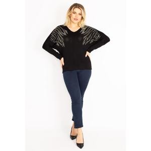 Şans Women's Plus Size Black Stone Detailed V-Neck Blouse