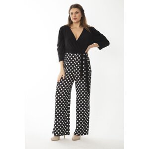 Şans Women's Plus Size Black Wrapped Collar Pointed Patterned Jumpsuit