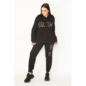 Şans Women's Plus Size Black Hooded With Zipper Detail, Sweatshirt Trousers Tracksuit Suit