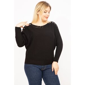 Şans Women's Black Plus Size Studded Shoulder Striped Self Striped Blouse