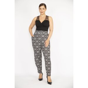 Şans Women's Large Size Black Elastic Waist Side Pocket Patterned Trousers