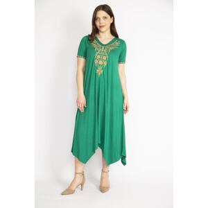 Şans Women's Large Size Green Embroidery Detailed V-Neck Long Dress