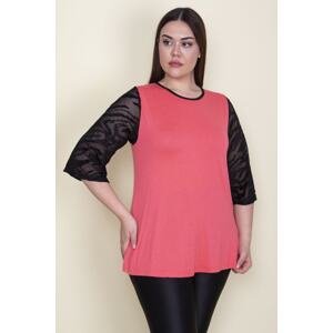 Şans Women's Plus Size Pomegranate Sleeve Flocked Tulle Detail Viscose Blouse