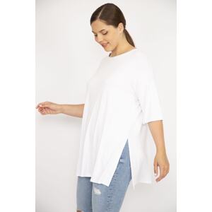 Şans Women's White Plus Size Side Slit Short Sleeve Blouse