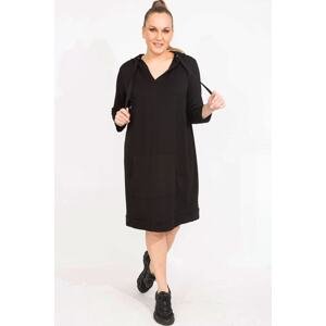 Şans Women's Plus Size Black Hooded Kangaroo Pocket Sweatshirt Dress