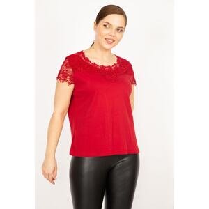 Şans Women's Red Plus Size Cotton Fabric Lace Detail Blouse