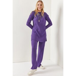 Olalook Women's Purple Top Slit Blouse Bottom Palazzo Corduroy Suit