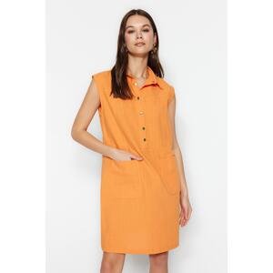 Trendyol Orange Straight Cut Pocket Shirt Collar Mini Woven Dress