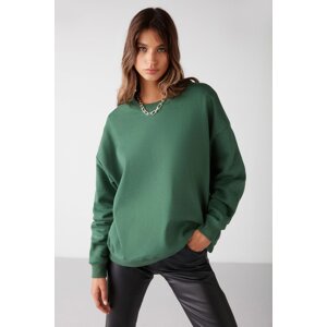 GRIMELANGE Susana Women's Crew Neck With Fleece Inside Oversize Fit Basic Green Sweatshir