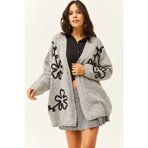 Olalook Women's Gray Filigree Detail Soft Textured Knitwear Cardigan