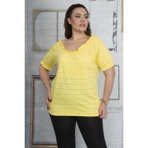 Şans Women's Plus Size Yellow Collar Sleeve And Hem Elastic Detailed Blouse